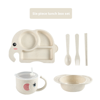 Adorable Elephant Wheat‑Straw Kids Dinnerware 6‑Piece Set | Toddler Self‑Feeding Kit, Divided Plate, Bowl, Straw Cup, Spoon Fork Chopsticks, 4 Colors Pink Blue Green Beige