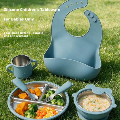 Food Grade Silicone Baby Feeding Set | Divided Plate, Suction Bowl, Stainless Steel Cup, Spoon & Fork, BPA-Free Toddler Self-Feeding Tableware