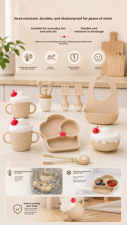 Heat Resistant Silicone Baby Feeding Tableware Set, Steam Sterilizable