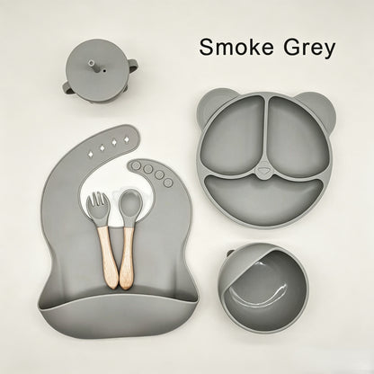 Cross-border 5-Piece Silicone Tableware Set for Children: Includes Silicone Tray, Baby Silicone Bowl for Complementary Foods, and Feeding Spoon.