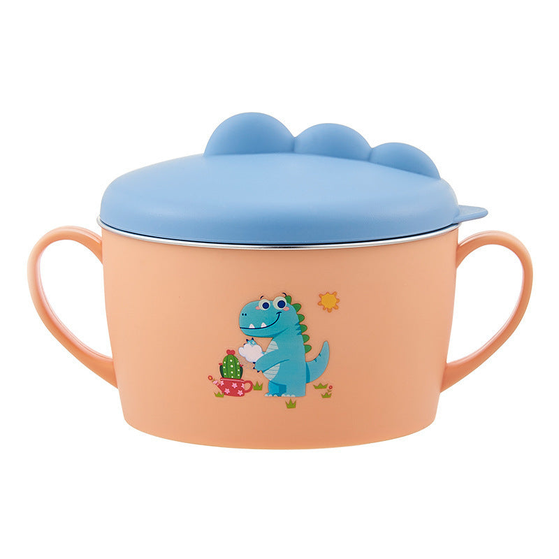 Cute Dinosaur Kids Stainless Steel Bowl with Handles and Lid, Baby Double Ear Soup Bowl, Children Food Feeding Tableware