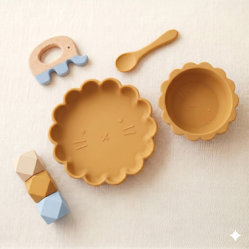Food Grade Silicone Baby Tableware Set, High Temperature Resistant Dinner Plate, Baby Food Bowl, Cute Lion Cartoon Anti-drop Bowl, Cross-border