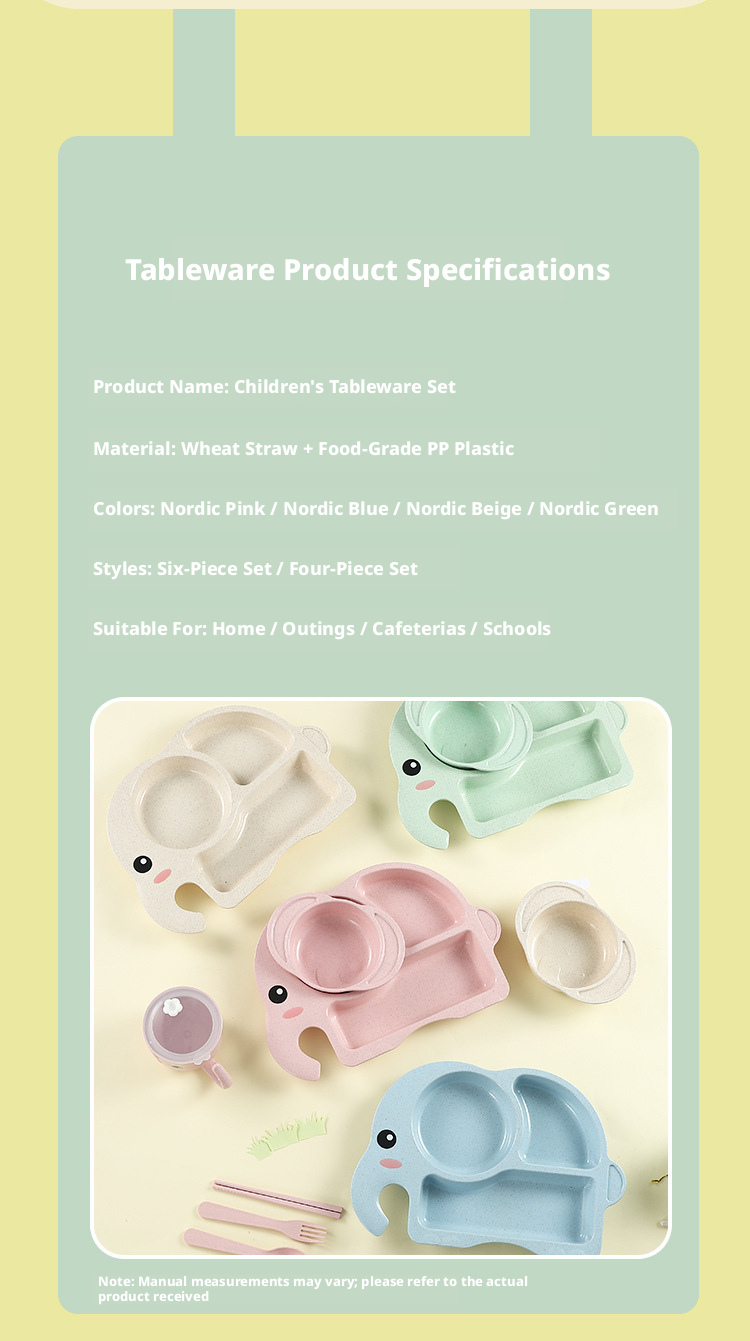 Adorable Elephant Wheat‑Straw Kids Dinnerware 6‑Piece Set | Toddler Self‑Feeding Kit, Divided Plate, Bowl, Straw Cup, Spoon Fork Chopsticks, 4 Colors Pink Blue Green Beige