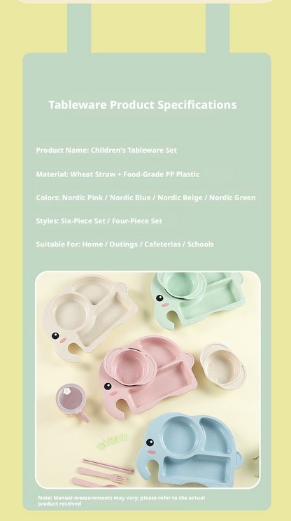 Adorable Elephant Wheat‑Straw Kids Dinnerware 6‑Piece Set | Toddler Self‑Feeding Kit, Divided Plate, Bowl, Straw Cup, Spoon Fork Chopsticks, 4 Colors Pink Blue Green Beige