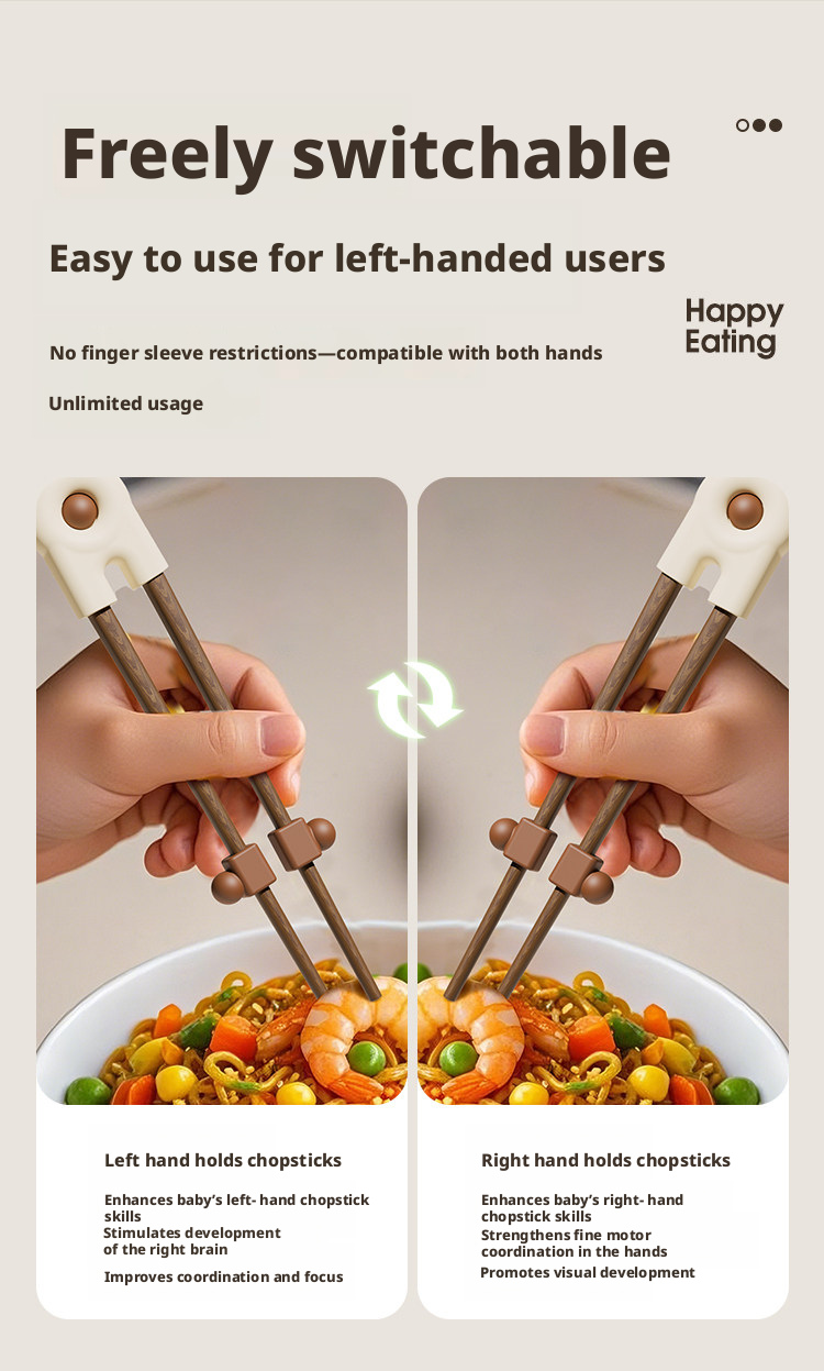 Solid Wood Toddler Training Chopsticks, Ergonomic Tiger‑Grip Auxiliary Chopsticks for Kids Self‑Feeding