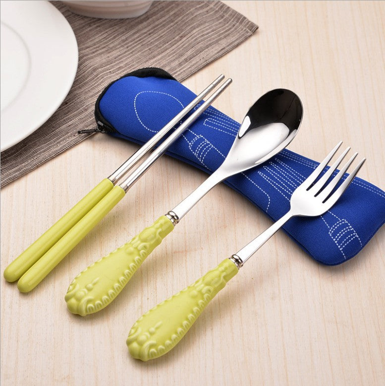 3‑Pcs Portable Travel Cutlery Set, Candy‑Color Ceramic Handle Stainless Steel Kids Spoon Fork Chopsticks Kit