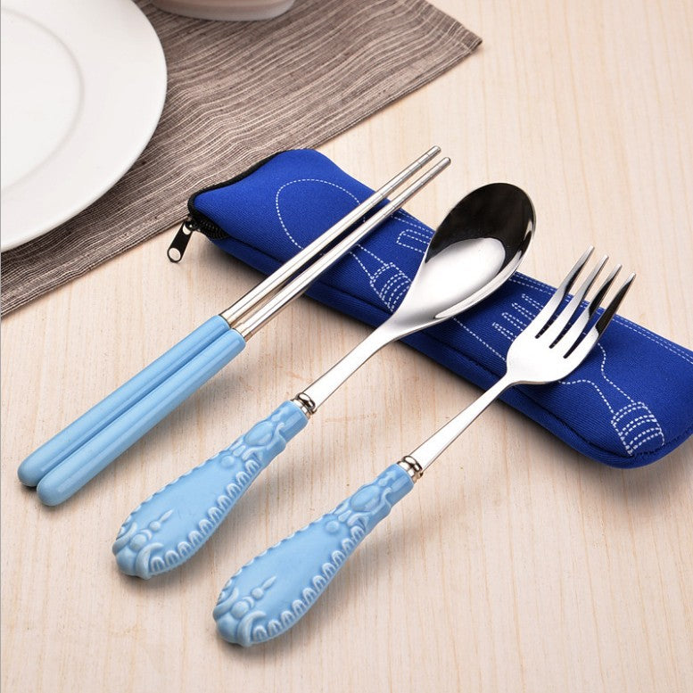 3‑Pcs Portable Travel Cutlery Set, Candy‑Color Ceramic Handle Stainless Steel Kids Spoon Fork Chopsticks Kit