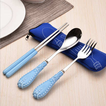 3‑Pcs Portable Travel Cutlery Set, Candy‑Color Ceramic Handle Stainless Steel Kids Spoon Fork Chopsticks Kit