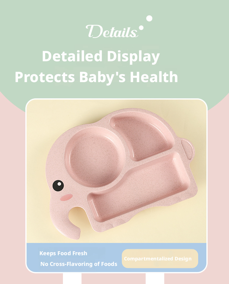 Adorable Elephant Wheat‑Straw Kids Dinnerware 6‑Piece Set | Toddler Self‑Feeding Kit, Divided Plate, Bowl, Straw Cup, Spoon Fork Chopsticks, 4 Colors Pink Blue Green Beige