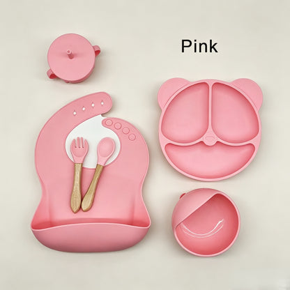 Cross-border 5-Piece Silicone Tableware Set for Children: Includes Silicone Tray, Baby Silicone Bowl for Complementary Foods, and Feeding Spoon.