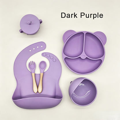 Cross-border 5-Piece Silicone Tableware Set for Children: Includes Silicone Tray, Baby Silicone Bowl for Complementary Foods, and Feeding Spoon.