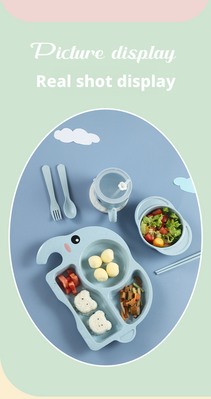 Adorable Elephant Wheat‑Straw Kids Dinnerware 6‑Piece Set | Toddler Self‑Feeding Kit, Divided Plate, Bowl, Straw Cup, Spoon Fork Chopsticks, 4 Colors Pink Blue Green Beige
