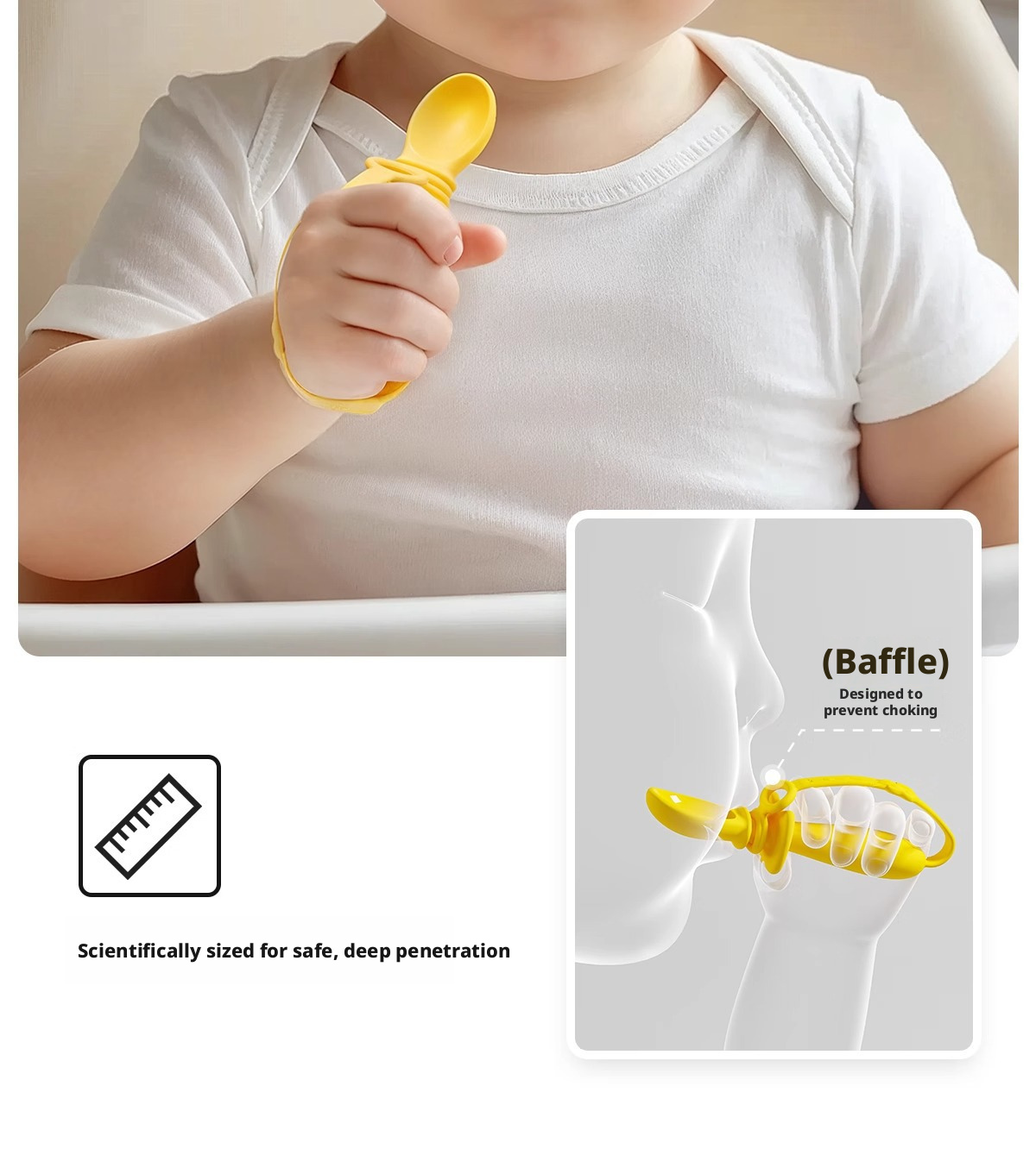Baby Self‑Feeding Spoon, Integrated Anti‑Choke Silicone Utensil with Anti‑Drop Wrist Strap for Toddler Complementary Feeding