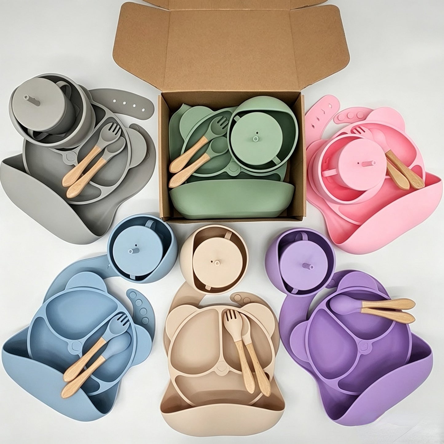 Cross-border 5-Piece Silicone Tableware Set for Children: Includes Silicone Tray, Baby Silicone Bowl for Complementary Foods, and Feeding Spoon.