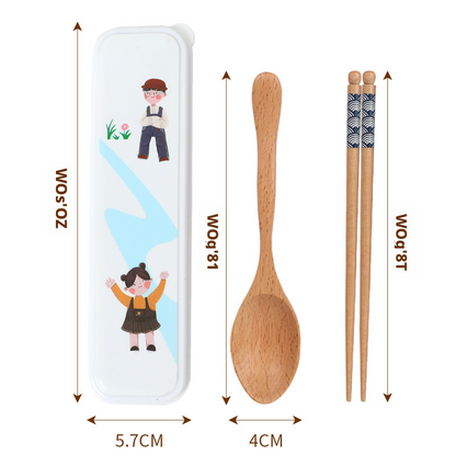 Portable Wooden Chopsticks Spoon Utensil Set with Storage Case, Cartoon Travel Cutlery Kit for Kids, Students & Office Workers