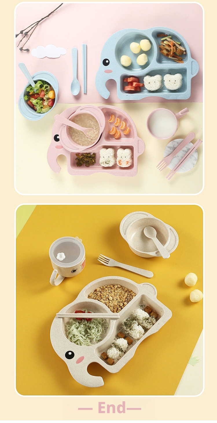 Adorable Elephant Wheat‑Straw Kids Dinnerware 6‑Piece Set | Toddler Self‑Feeding Kit, Divided Plate, Bowl, Straw Cup, Spoon Fork Chopsticks, 4 Colors Pink Blue Green Beige