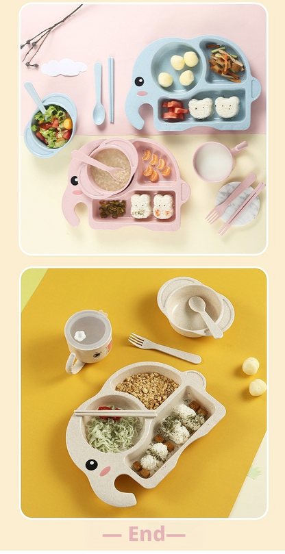 Adorable Elephant Wheat‑Straw Kids Dinnerware 6‑Piece Set | Toddler Self‑Feeding Kit, Divided Plate, Bowl, Straw Cup, Spoon Fork Chopsticks, 4 Colors Pink Blue Green Beige