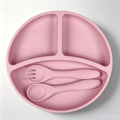 Best-selling silicone dining set for kids: baby weaning bowls, toddler cutlery (forks & spoons), and plates—feeding essentials for infants and young children.