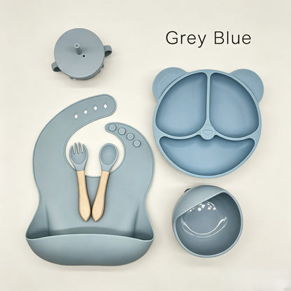 Cross-border 5-Piece Silicone Tableware Set for Children: Includes Silicone Tray, Baby Silicone Bowl for Complementary Foods, and Feeding Spoon.