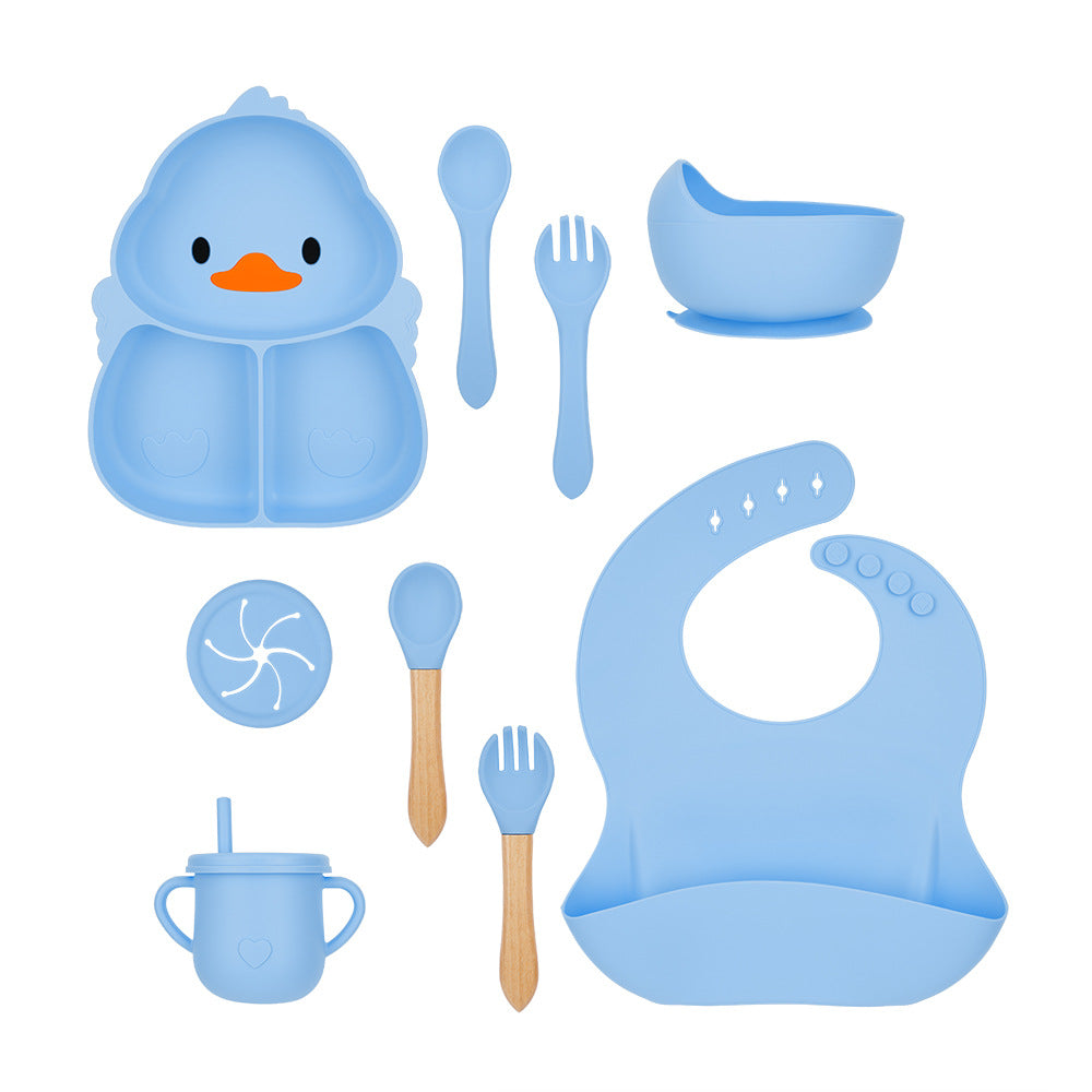Cartoon Food-Grade Silicone Tableware Set for Babies, Anti-Drop Bowl, Cup and Bib for Infant Complementary Feeding