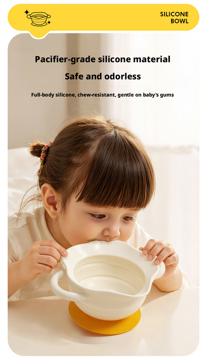 Food‑Grade Silicone Baby Suction Bowl, Foldable Cartoon Toddler Feeding Bowl for Baby Complementary Food
