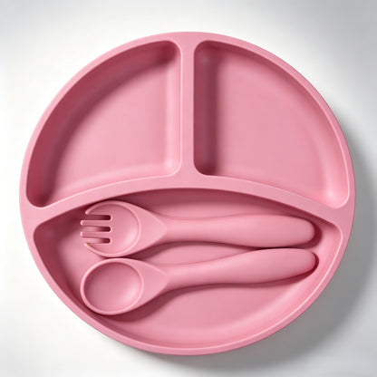 Best-selling silicone dining set for kids: baby weaning bowls, toddler cutlery (forks & spoons), and plates—feeding essentials for infants and young children.