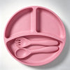 Best-selling silicone dining set for kids: baby weaning bowls, toddler cutlery (forks & spoons), and plates—feeding essentials for infants and young children.