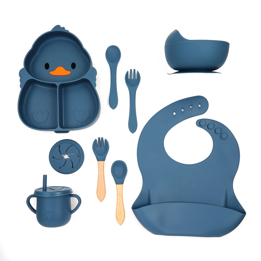 Cartoon Food-Grade Silicone Tableware Set for Babies, Anti-Drop Bowl, Cup and Bib for Infant Complementary Feeding