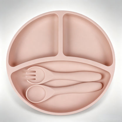 Best-selling silicone dining set for kids: baby weaning bowls, toddler cutlery (forks & spoons), and plates—feeding essentials for infants and young children.