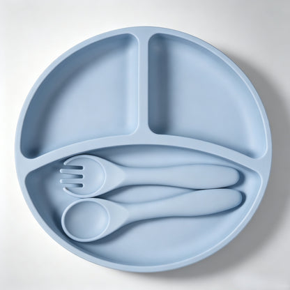 Best-selling silicone dining set for kids: baby weaning bowls, toddler cutlery (forks & spoons), and plates—feeding essentials for infants and young children.
