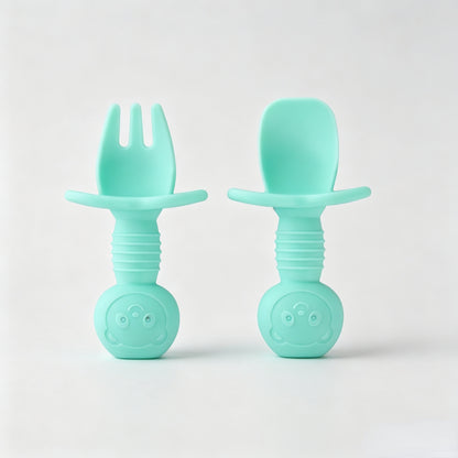 Silicone Bear-Themed Fork and Spoon Set for Toddlers – Training Utensils for Self-Feeding and Solid Foods