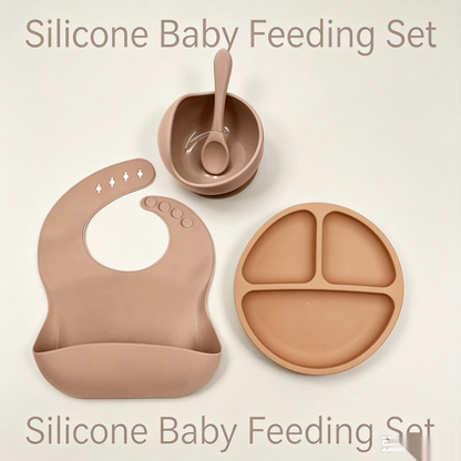 10-piece children's tableware feeding set, including baby complementary food bowl, dinner plate, spoon, fork, bib and silicone dinner plate.