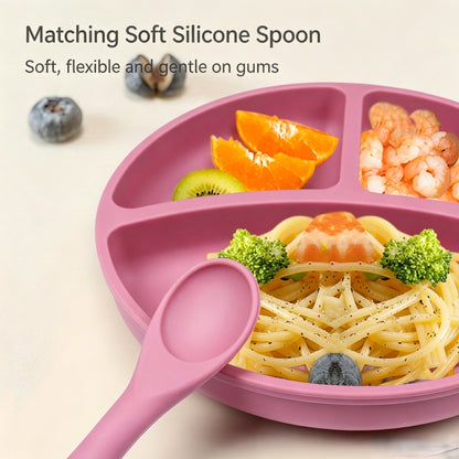 Best-selling silicone dining set for kids: baby weaning bowls, toddler cutlery (forks & spoons), and plates—feeding essentials for infants and young children.