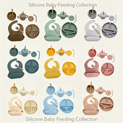 10-piece children's tableware feeding set, including baby complementary food bowl, dinner plate, spoon, fork, bib and silicone dinner plate.