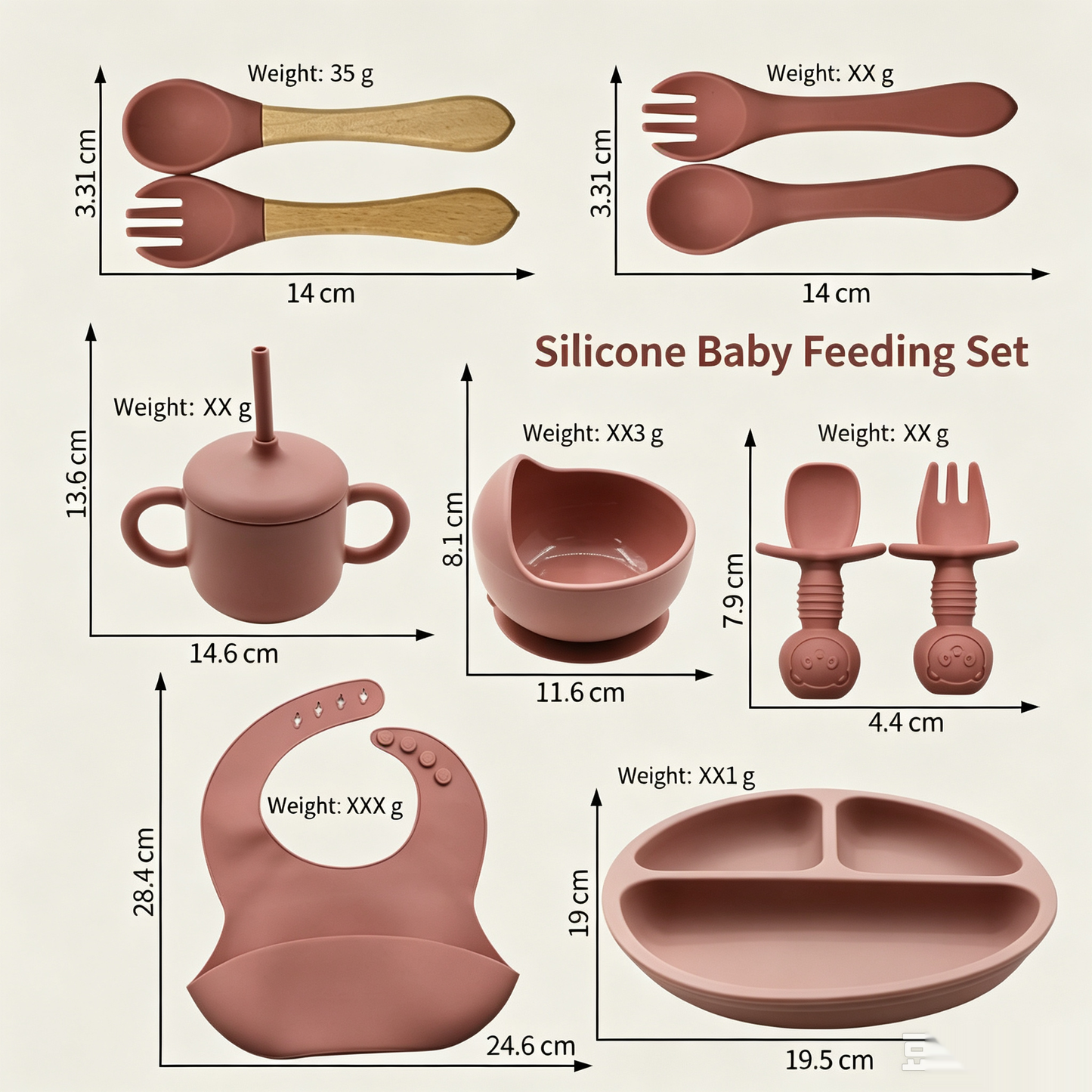 10-piece children's tableware feeding set, including baby complementary food bowl, dinner plate, spoon, fork, bib and silicone dinner plate.