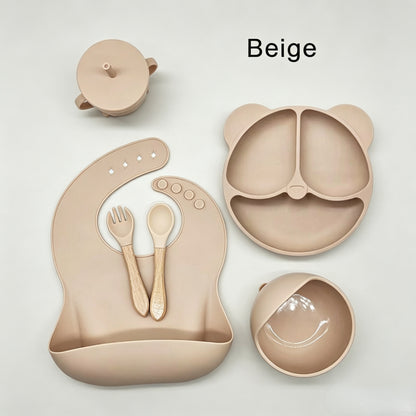 Cross-border 5-Piece Silicone Tableware Set for Children: Includes Silicone Tray, Baby Silicone Bowl for Complementary Foods, and Feeding Spoon.