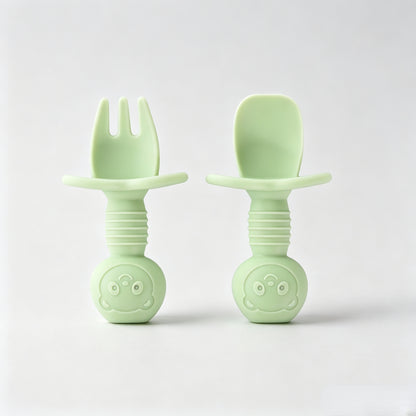 Silicone Bear-Themed Fork and Spoon Set for Toddlers – Training Utensils for Self-Feeding and Solid Foods