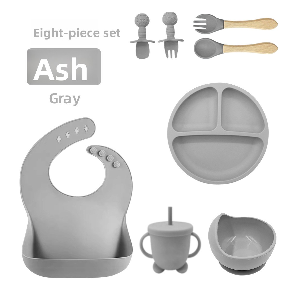 Baby Silicone Tableware Set 8‑Piece, Food‑Grade Infant Suction Tableware, Includes Bib & Spoon for Baby Food Supplement