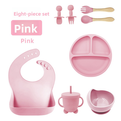 Baby Silicone Tableware Set 8‑Piece, Food‑Grade Infant Suction Tableware, Includes Bib & Spoon for Baby Food Supplement
