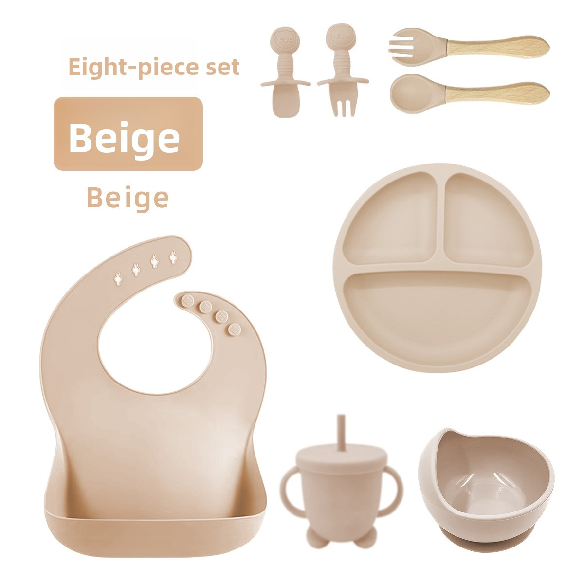 Baby Silicone Tableware Set 8‑Piece, Food‑Grade Infant Suction Tableware, Includes Bib & Spoon for Baby Food Supplement