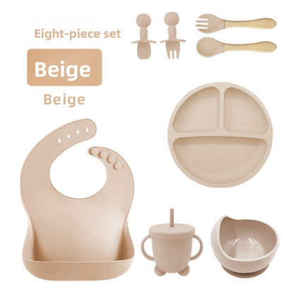 Baby Silicone Tableware Set 8‑Piece, Food‑Grade Infant Suction Tableware, Includes Bib & Spoon for Baby Food Supplement