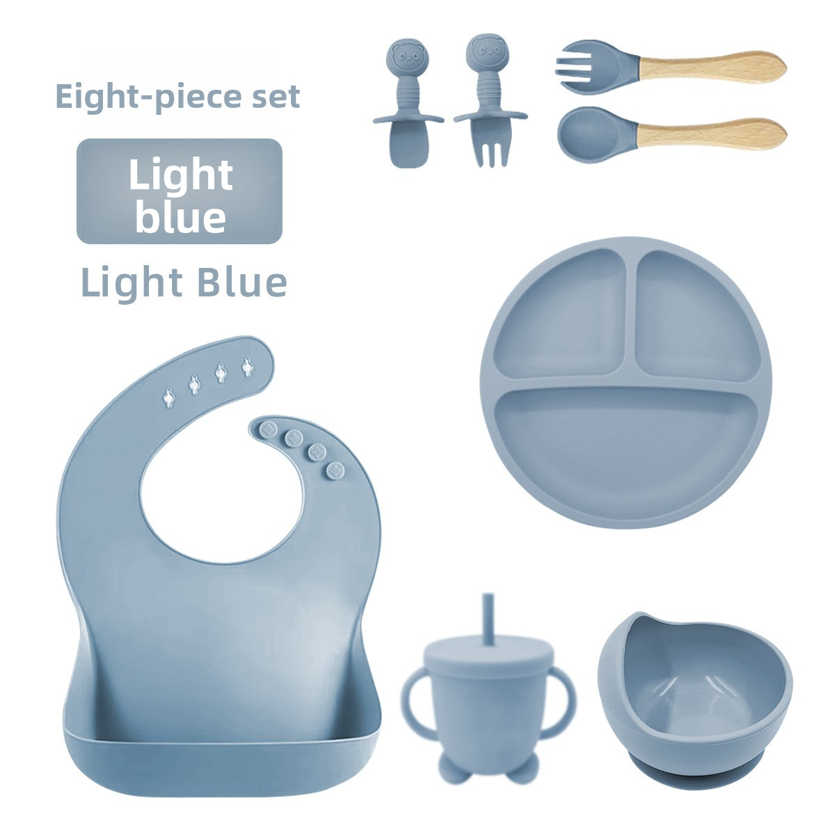 Baby Silicone Tableware Set 8‑Piece, Food‑Grade Infant Suction Tableware, Includes Bib & Spoon for Baby Food Supplement
