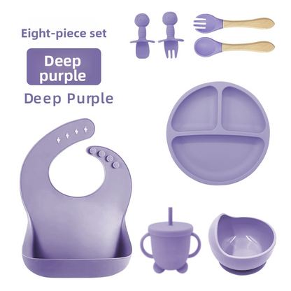 Baby Silicone Tableware Set 8‑Piece, Food‑Grade Infant Suction Tableware, Includes Bib & Spoon for Baby Food Supplement