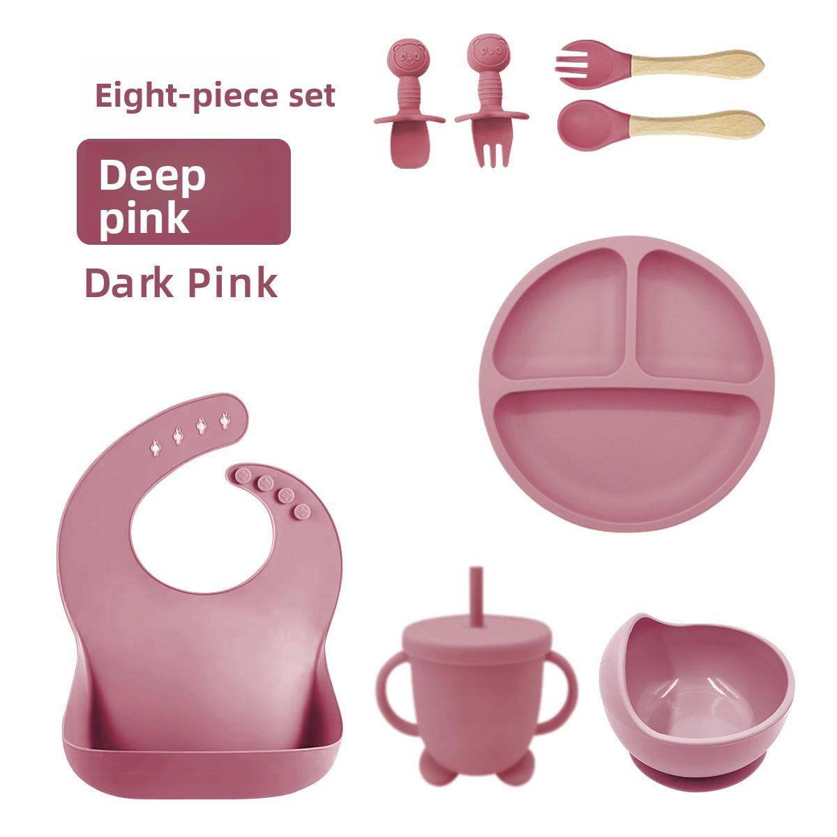 Baby Silicone Tableware Set 8‑Piece, Food‑Grade Infant Suction Tableware, Includes Bib & Spoon for Baby Food Supplement