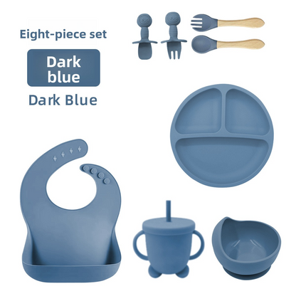 Baby Silicone Tableware Set 8‑Piece, Food‑Grade Infant Suction Tableware, Includes Bib & Spoon for Baby Food Supplement