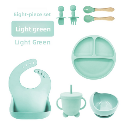 Baby Silicone Tableware Set 8‑Piece, Food‑Grade Infant Suction Tableware, Includes Bib & Spoon for Baby Food Supplement