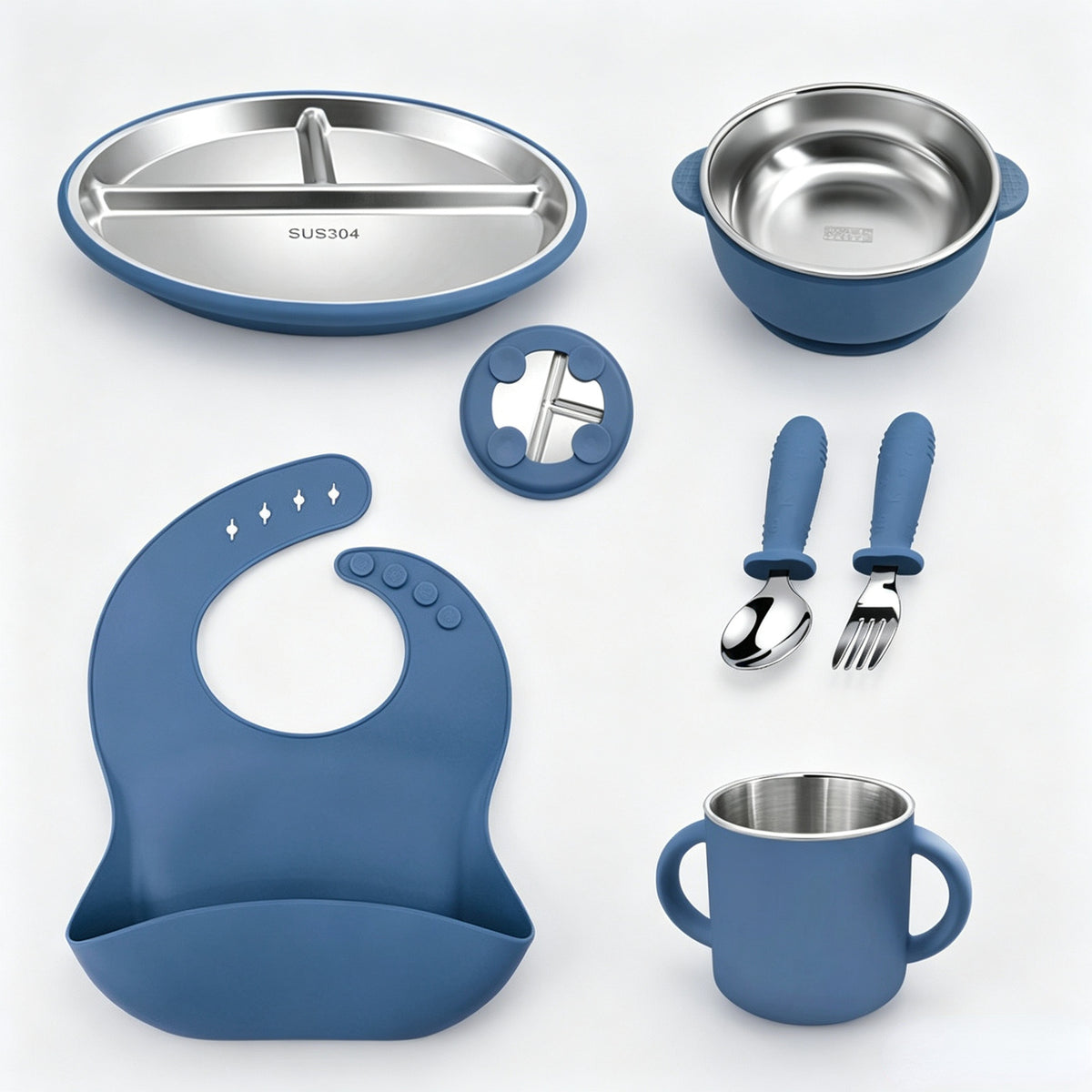 Stainless Steel Kids' Meal Tray & Silicone Sippy Cup Set – Food-Grade, Shatterproof, Easy-Grip Training Cup for Solids & Drinks