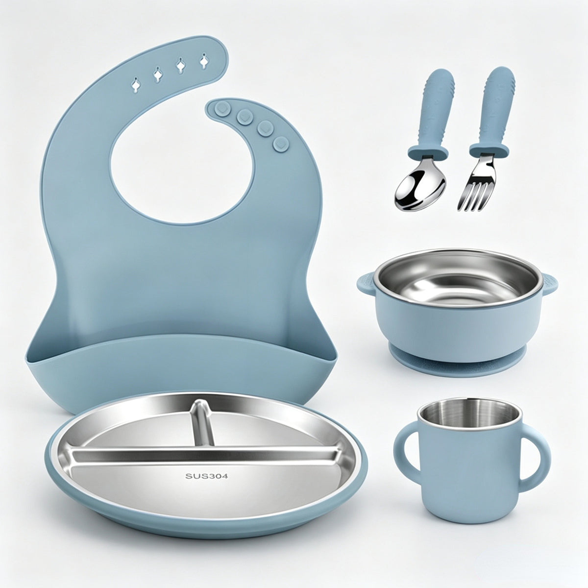 Stainless Steel Kids' Meal Tray & Silicone Sippy Cup Set – Food-Grade, Shatterproof, Easy-Grip Training Cup for Solids & Drinks