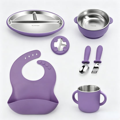 Stainless Steel Kids' Meal Tray & Silicone Sippy Cup Set – Food-Grade, Shatterproof, Easy-Grip Training Cup for Solids & Drinks