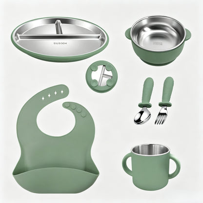 Stainless Steel Kids' Meal Tray & Silicone Sippy Cup Set – Food-Grade, Shatterproof, Easy-Grip Training Cup for Solids & Drinks